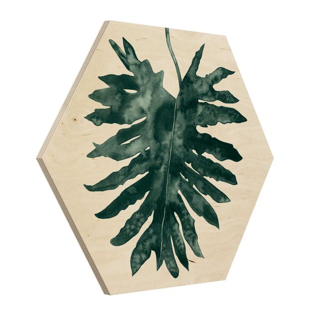Hexagon Bild Holz - Smaragdgrüner Philodendron Bipinnatifidum