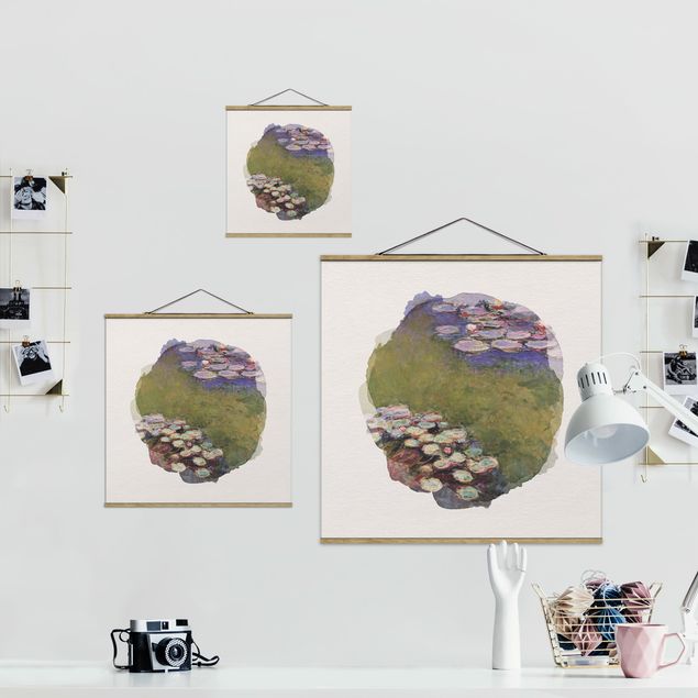 Stoffbild mit Posterleisten - Wasserfarben - Claude Monet - Seerosen - Quadrat 1:1