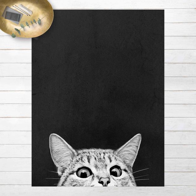Outdoor Teppich Illustration Katze Schwarz Weiß Zeichnung