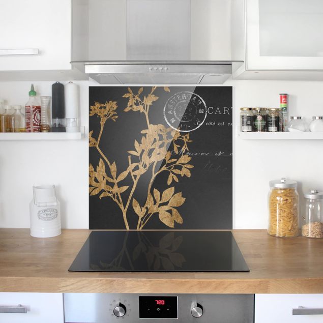 Küchenrückwand Glas Blumen Goldene Blätter auf Mokka I
