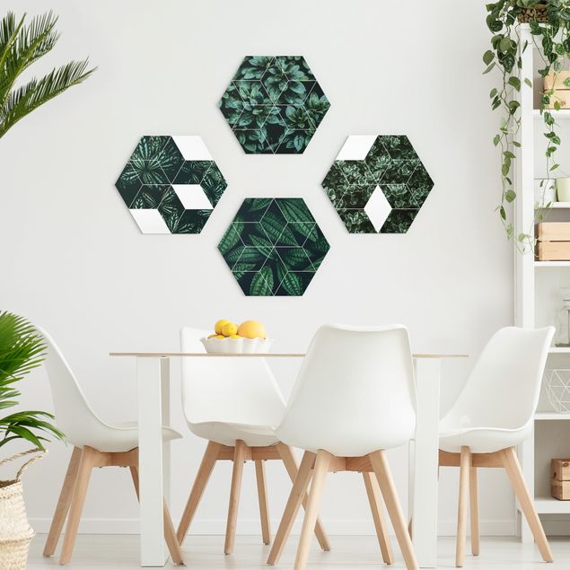 Hexagon Bild Alu-Dibond 4-teilig - Grüne Blätter Geometrie Set I