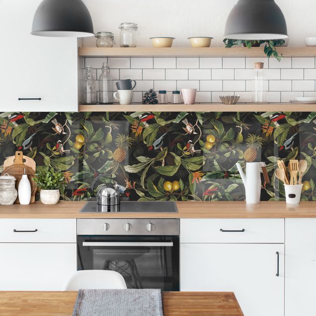 Küchenrückwand Gräser Vögel mit Ananas Grün I