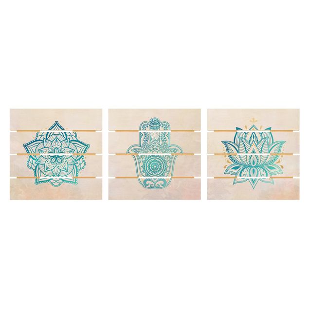 Holzbild 3-teilig - Mandala Hamsa Hand Lotus Set Gold Blau - Quadrate 1:1
