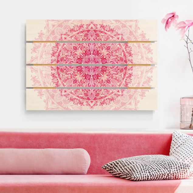 Moderne Holzbilder Mandala Aquarell Ornament pink