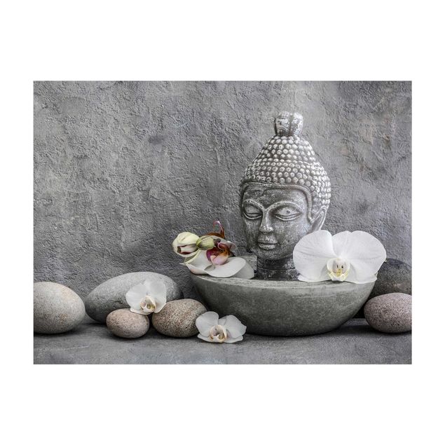 Grauer Teppich Zen Buddha, Orchideen und Steine