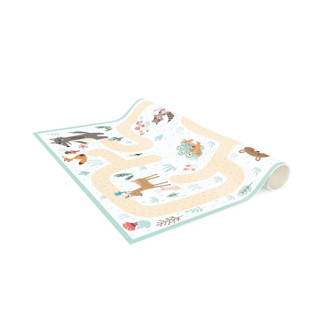 Vinyl-Teppich - Spielteppich Waldtiere - Freunde auf dem Waldweg - Hochformat 1:2
