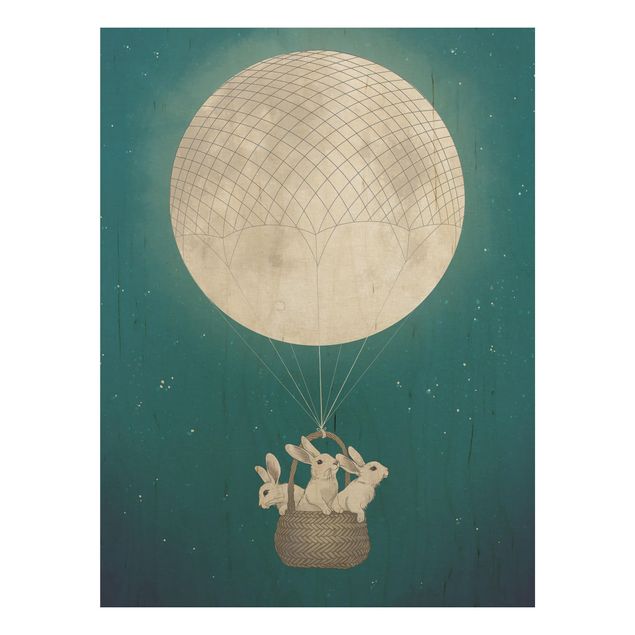 Holzbild - Illustration Hasen Mond-Heißluftballon Sternenhimmel - Hochformat 4:3