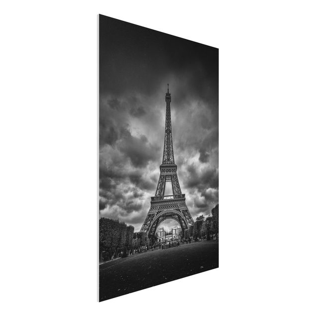 Foto auf Hartschaumplatte Eiffelturm vor Wolken schwarz-weiß
