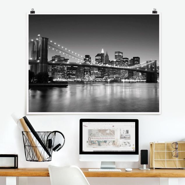 Poster Schwarz Weiß Querformat Brooklyn Brücke in New York II
