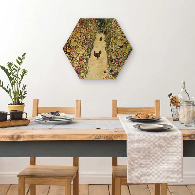 Moderne Holzbilder Gustav Klimt - Gartenweg mit Hühnern