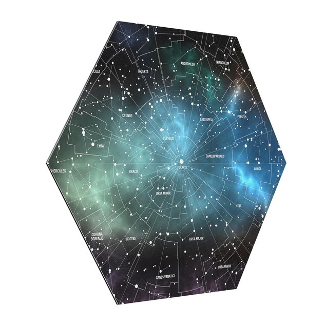 Hexagon Bild Alu-Dibond - Sternbilder Karte Galaxienebel