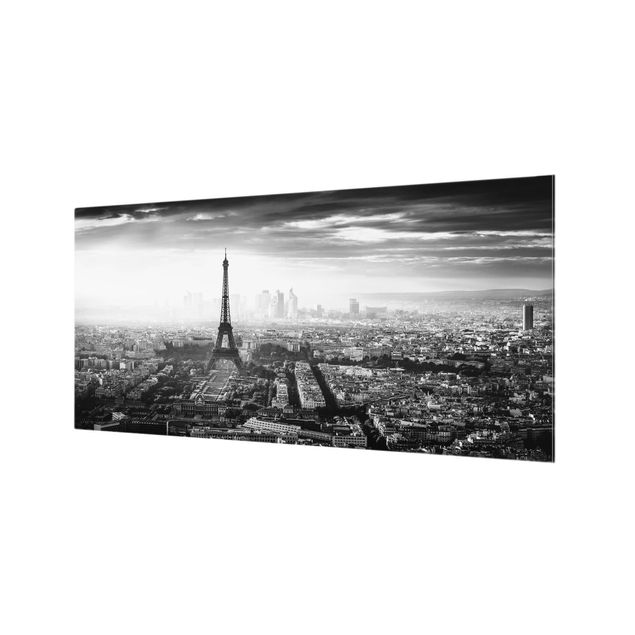 Spritzschutz Glas - Der Eiffelturm von Oben Schwarz-weiß - Querformat - 2:1