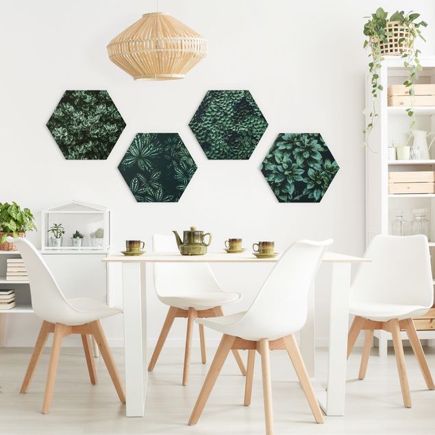 Hexagon Bild Alu-Dibond 4-teilig - Grüne Blätter Set I