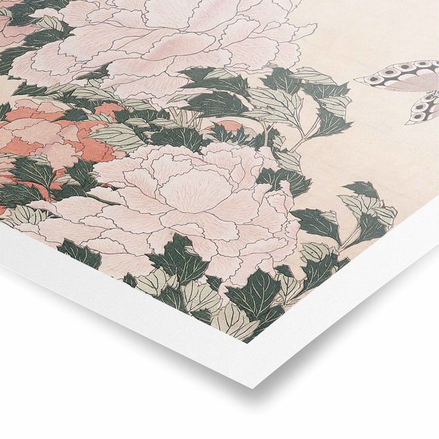 Tierposter Katsushika Hokusai - Rosa Pfingstrosen mit Schmetterling