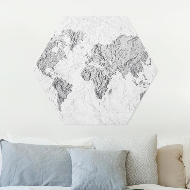 Foto auf Hartschaumplatte Papier Weltkarte Weiß Grau