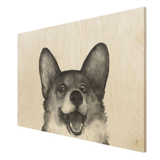 Bilder auf Holz Illustration Hund Corgi Weiß Schwarz Malerei