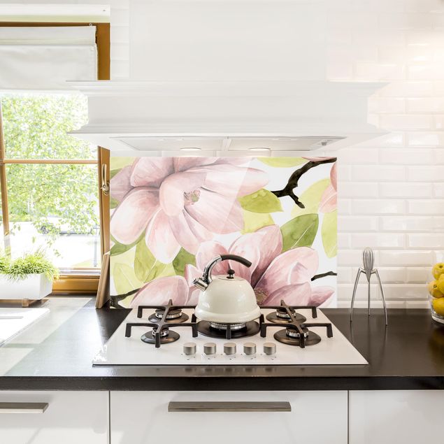 Glasrückwand Küche Blumen Magnolie errötet II