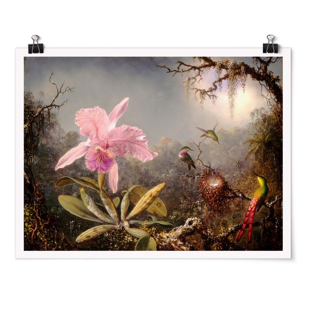 Retro Poster  Martin Johnson Heade - Orchidee und drei Kolibris