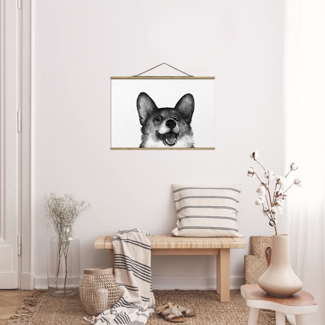 Stoffbilder zum Aufhängen Illustration Hund Corgi Weiß Schwarz Malerei