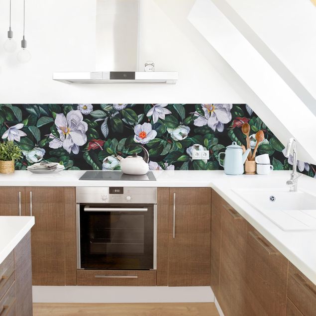 Glasrückwand Küche Muster Tropische Nacht mit weißen Blumen