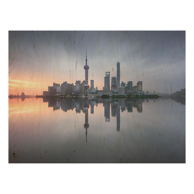 Moderne Holzbilder Shanghai Skyline Morgenstimmung