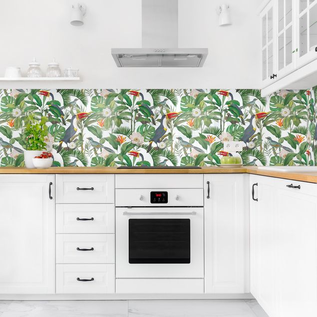 Küchenrückwand Muster Tropischer Tukan mit Monstera und Palmenblättern II