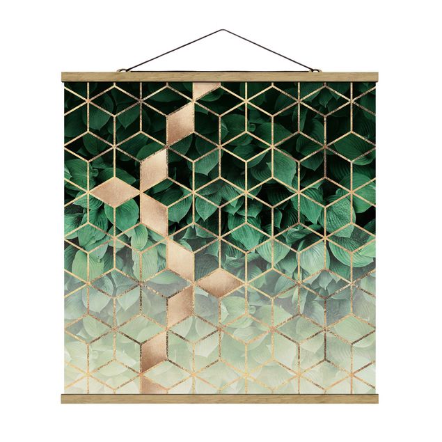 Stoffbilder mit Holzleisten Grüne Blätter goldene Geometrie