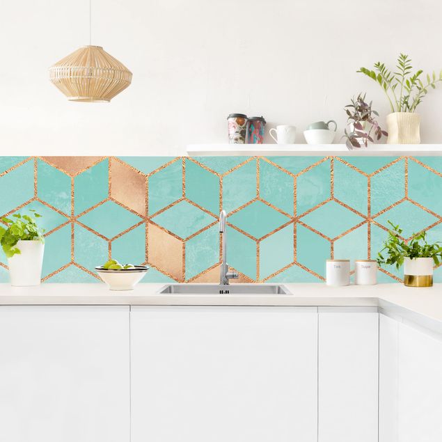 Küchenrückwand - Türkis Weiß goldene Geometrie