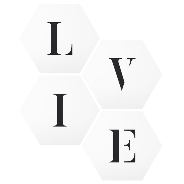 Hexagon Bild Forex 4-teilig - Buchstaben LIVE Schwarz Set II