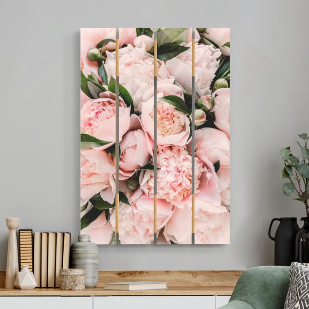 Holzbilder mit Blumen Rosa Pfingstrosen mit Blättern