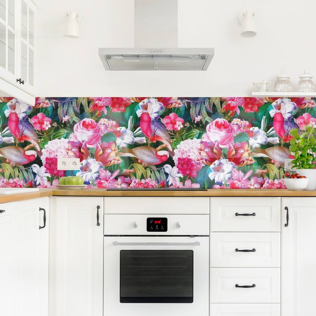 Küchenrückwand Muster Bunte Tropische Blumen mit Vögeln Pink I