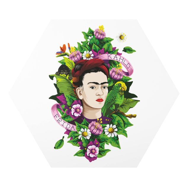 Hexagon Bilder Frida Kahlo - Frida, Äffchen und Papagei