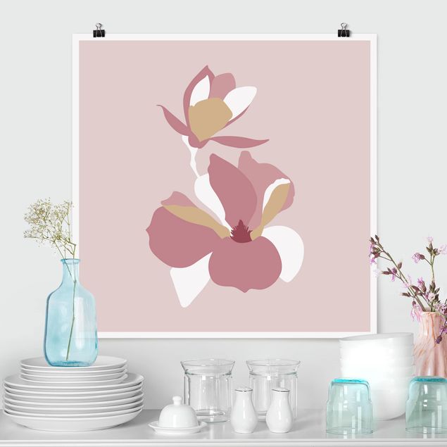 Poster Illustration Line Art Blüten Pastell Rosa