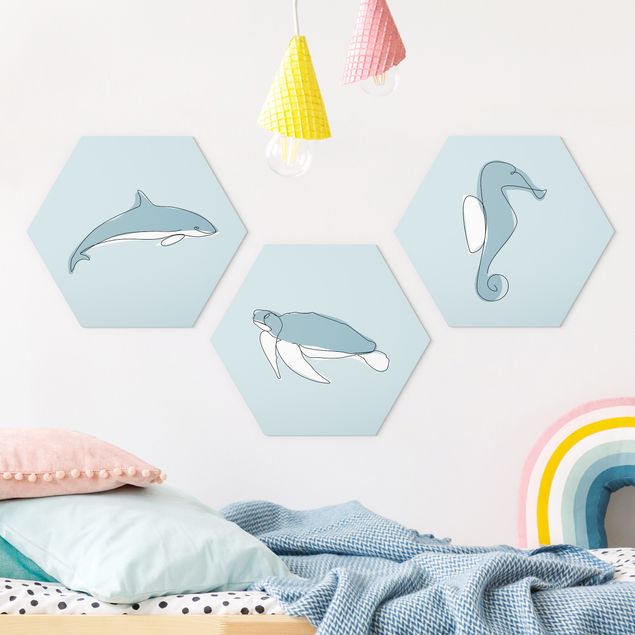 Hexagon Bild Alu-Dibond 3-teilig - Delfin Schildkröte Seepferdchen Line Art