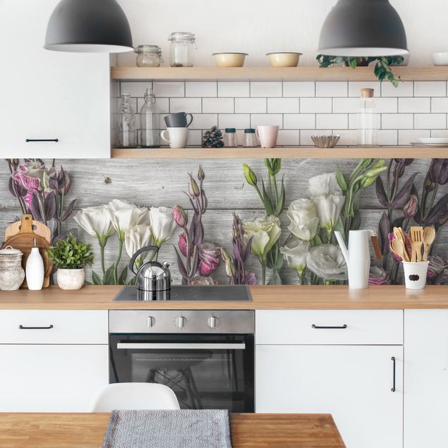 Küchenrückwand Folie Blumen Tulpen-Rose Shabby Holzoptik