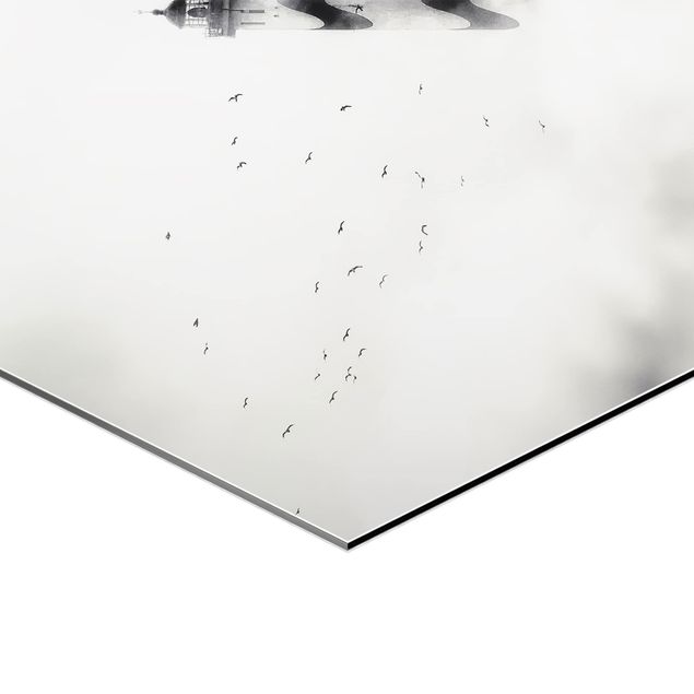 Hexagon Bild Alu-Dibond - Leuchtturm im Nebel