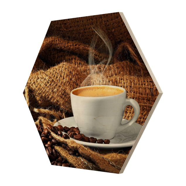 Hexagon Bild Holz - Kaffee am Morgen