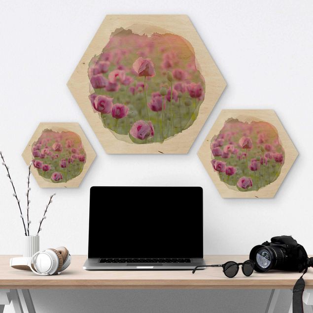 Hexagon Bild Holz - Wasserfarben - Violette Schlafmohn Blumenwiese im Frühling
