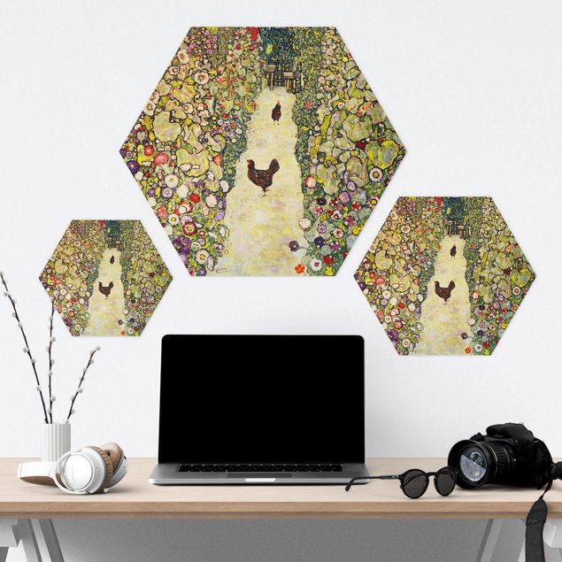 Hexagon Bild Forex - Gustav Klimt - Gartenweg mit Hühnern