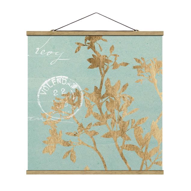 Stoffbild mit Posterleisten - Goldene Blätter auf Turquoise II - Quadrat 1:1