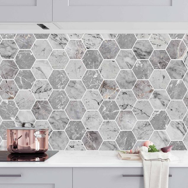 Küchenrückwände Platte Marmor Hexagon Fliesen - Grau