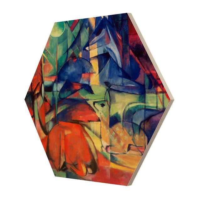 Hexagon Bild Holz - Franz Marc - Rehe im Walde