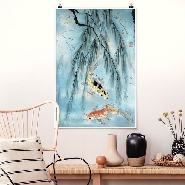Wandbilder Tiere Japanische Aquarell Zeichnung Goldfische II