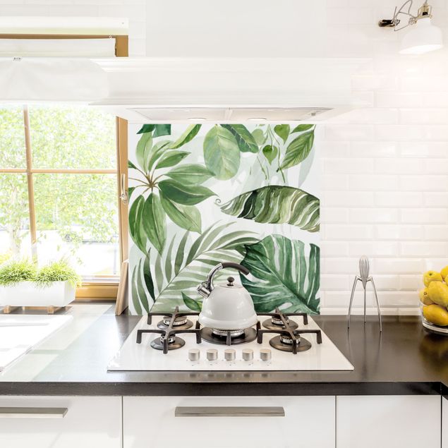 Küchenrückwand Glas Motiv Blumen Aquarell Tropische Blätter und Ranken