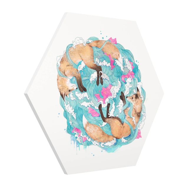 Hexagon Wandbilder Illustration Füchse und Wellen Malerei