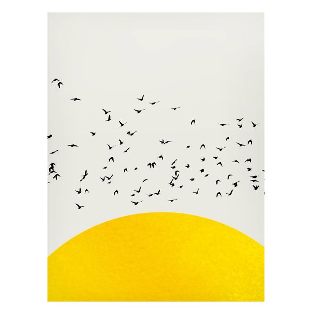 Magnettafel Büro Vogelschwarm vor gelber Sonne
