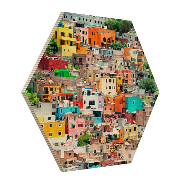 Bilder auf Holz Farbige Häuserfront Guanajuato