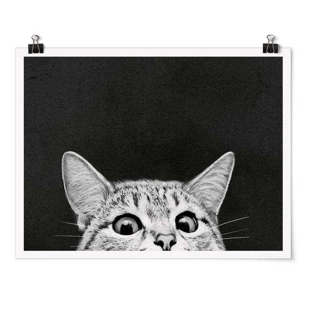 Poster Schwarz Weiß Querformat Illustration Katze Schwarz Weiß Zeichnung