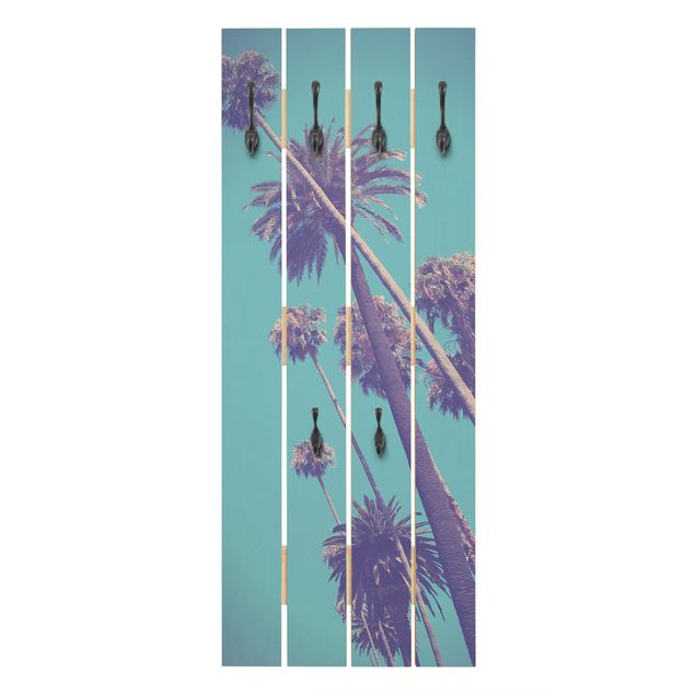 Wandgarderobe Holz - Tropische Pflanzen Palmen und Himmel - Haken chrom Hochformat
