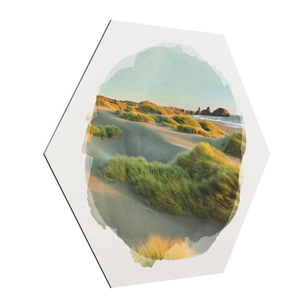Hexagon Bild Alu-Dibond - Wasserfarben - Dünen und Gräser am Meer